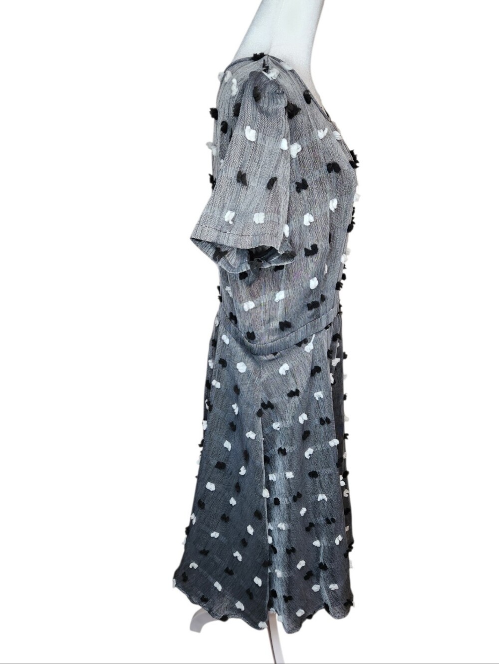 Anthropologie Gray Textured A-Line Dress with Black and White Dots - Picture 3 of 9